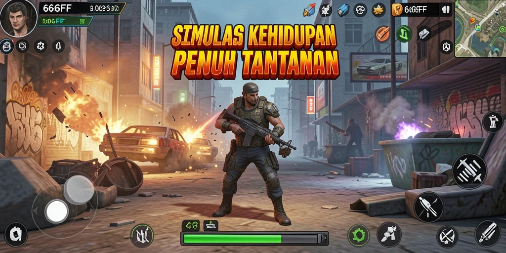 Screenshot gameplay 666FF menampilkan karakter dalam misi simulasi penuh warna.