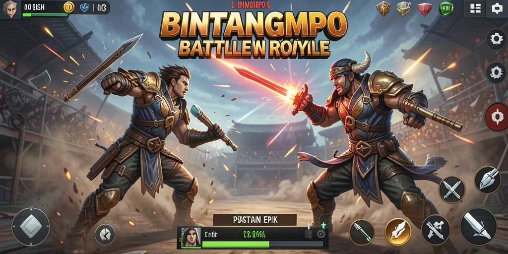 Screenshot gameplay BINTANGMPO yang menunjukkan aksi pertempuran Battle Royale.