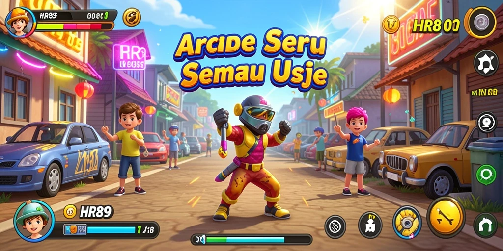 Tangkapan layar utama HR89 menampilkan aksi seru dalam permainan Arcade.
